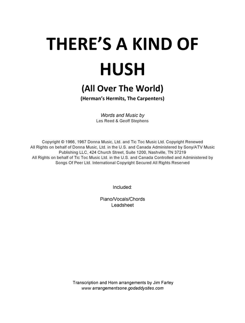 There's A Kind Of Hush (all Over The World) (Arr. Jim Farley) - Herman's Hermits (Piano-Vocal-Guitar (Piano Accompaniment))