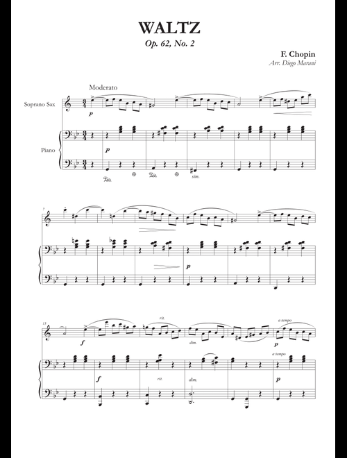 Waltz Op. 69, No. 2 for Soprano Saxophone and Piano (Arr. Diego Marani) - Frederick Chopin (Soprano Sax and Piano)