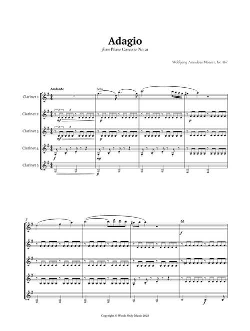 Andante from Piano Concerto No. 21 by Mozart for Clarinet Quintet (Arr. Ander) (Woodwind Ensemble)