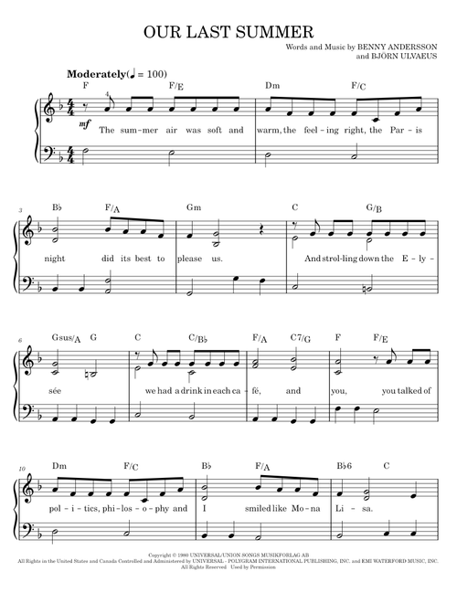 Our Last Summer - ABBA, Mamma Mia! Movie (Easy Piano)