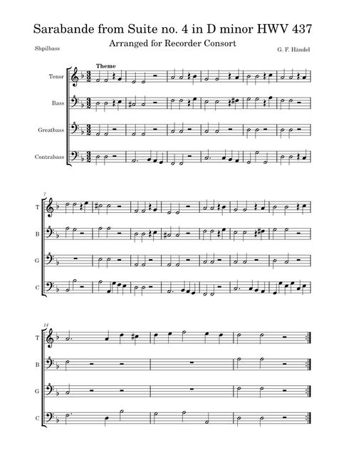 Händel Sarabande in D minor from Suite HWV 437 Arranged for Recorder Ensemble