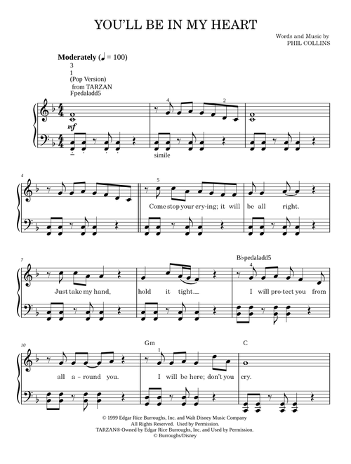 You'll Be In My Heart (Pop Version) - Disney's Tarzan Movie, Phil Collins (Easy Piano)