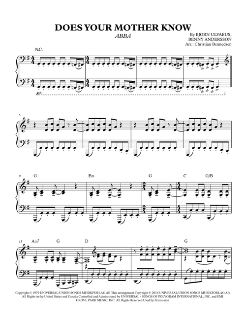 Does Your Mother Know (Arr. Christian Bennedsen) - ABBA (Piano Solo)