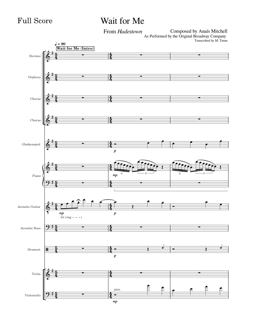 Hadestown Wait for Me Sheet music for Piano, Trombone, Vocals, Violin