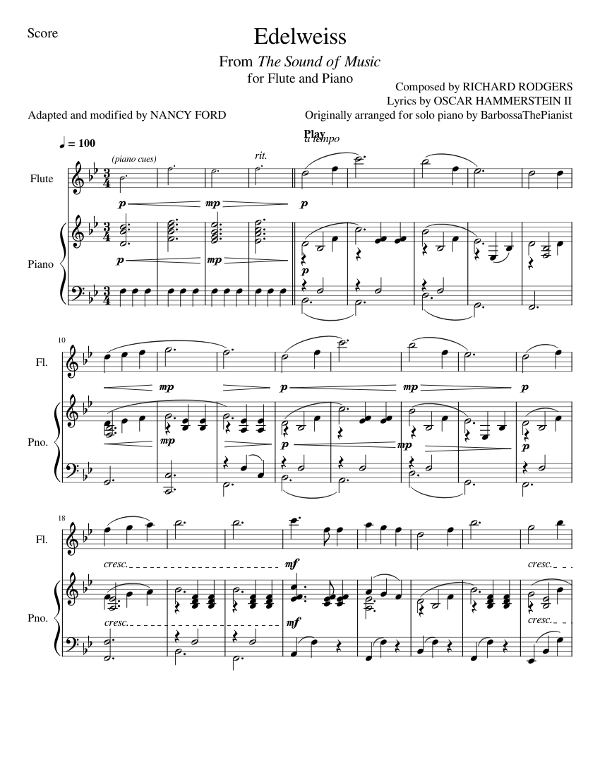 Edelweiss – Rodgers &amp; Hammerstein (Flute and Piano) Sheet Music for Piano, Flute (Mixed Duet ...