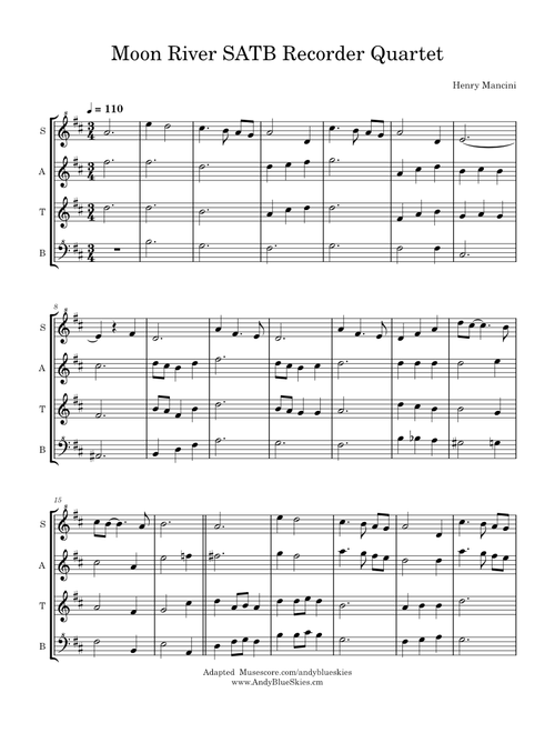 Moon River SATB Recorder Quartet – Henry Mancini