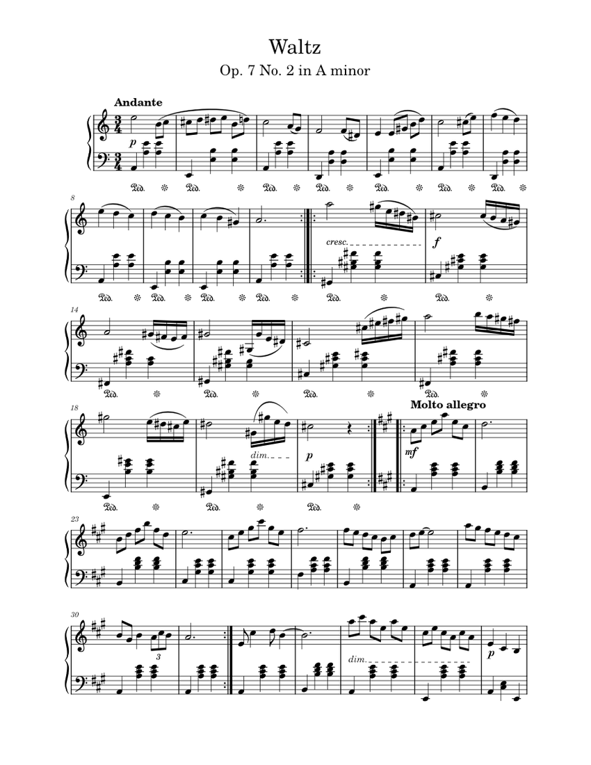 Waltz Op. 7 No. 2 in A minor Sheet Music for Piano (Solo) Easy ...