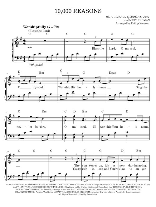 10,000 Reasons (Bless The Lord) - Matt Redman (Easy Piano)