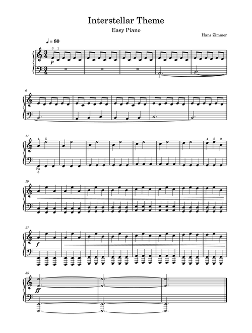 Interstellar Main Theme (Easy Piano Arrangement) (Arr. Benjamin Pedemonte) - Hans Zimmer (Easy Piano)