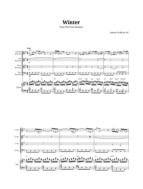 Largo from Winter by Vivaldi for Recorder Quartet and Piano with Chords (Arr. Langanho) - Antonio Vivaldi (Recorder Ensemble)