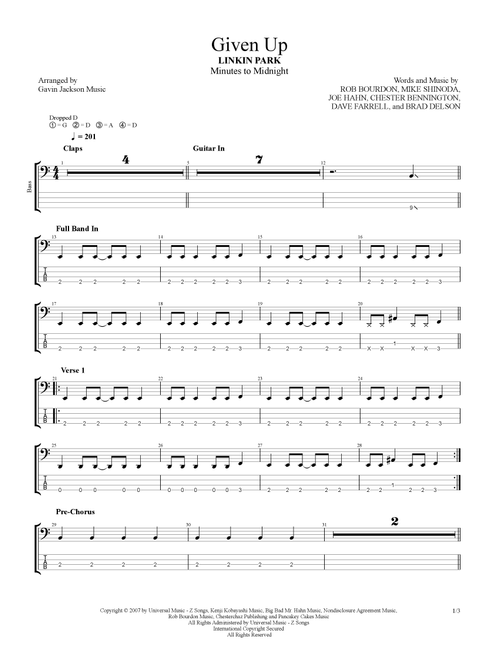 Given Up (Arr. Gavin Jackson Music) - Linkin Park (Bass Tab)