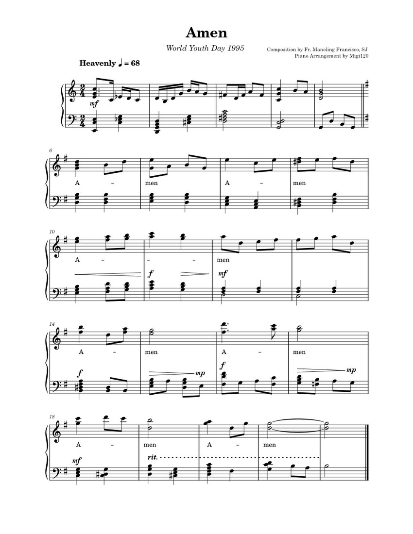 Amen – World Youth Day 1995 Sheet Music for Piano (Solo) easy