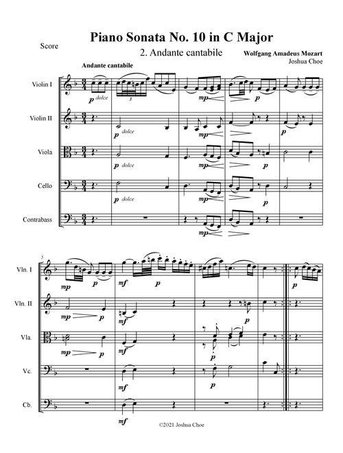 Piano Sonata No. 10, Movement 2 (Arr. Joshua Choe) - Wolfgang Amadeus Mozart (Orchestra)