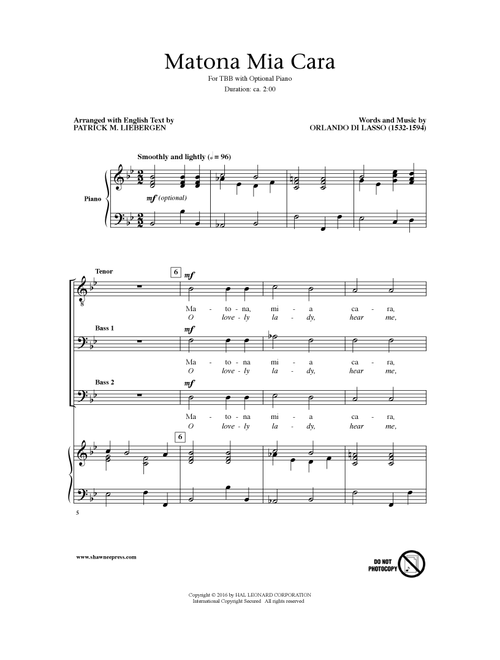 Matona Mia Cara (Arr. Patrick M. Liebergen) - Orlando Di Lasso (Choral, TBB)
