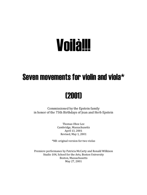 Voilà!!! (2001) for violin and viola - Thomas Oboe Lee (Instrumental Duet)