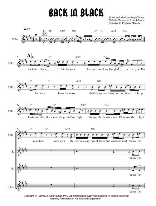 Back In Black (Arr. Francois Monette) - AC/DC (Choral, SATB)