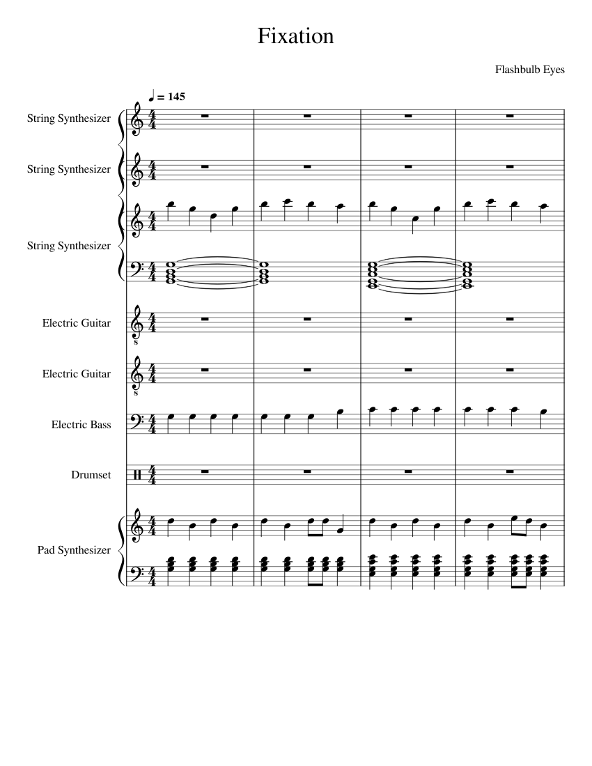 Fixation Sheet music for Guitar, Bass guitar, Drum group, Strings group