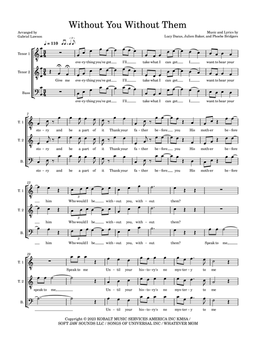 Without You Without Them (Arr. Gabriel Lawson) - Boygenius (Choral, TTB)