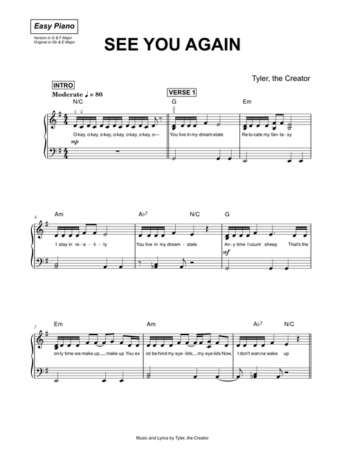 See you again - Tyler, The Creator (Easy Piano)