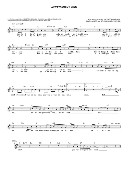 Always On My Mind - Elvis Presley, Willie Nelson, Michael Bublé (Lead Sheet - Fake Book)