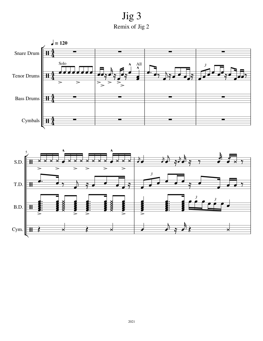 Jig 3 Remix of Jig 2 Sheet music for Snare drum, Crash, Tenor drum