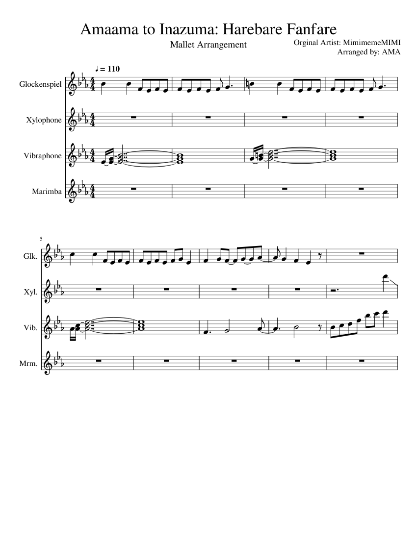 Amaama to Inazuma: Harebare Fanfare Sheet music for Vibraphone,  Glockenspiel, Marimba, Xylophone (Percussion Quartet) 