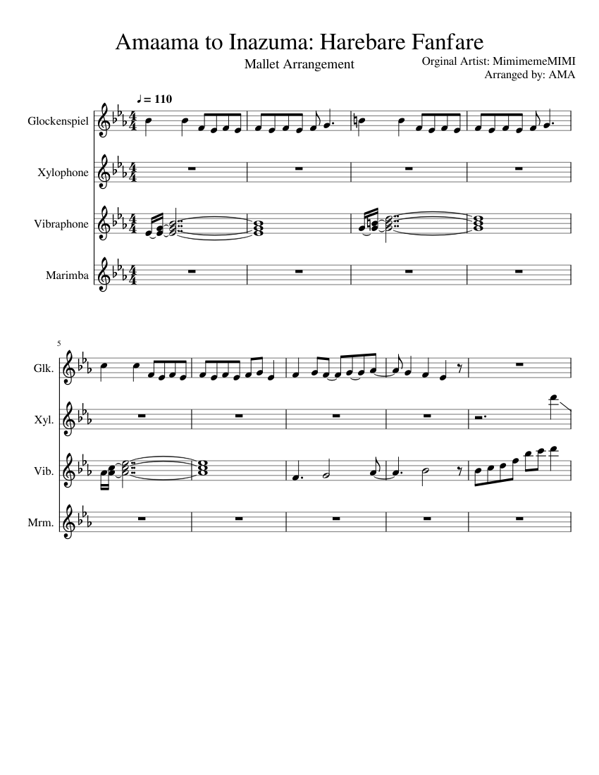 Amaama to Inazuma: Harebare Fanfare Sheet music for Vibraphone, Glockenspiel, Marimba, Xylophone (Percussion Quartet) Amaama to Inazuma: Harebare Fanfare Sheet music for Vibraphone, Glockenspiel, Marimba, Xylophone (Percussion Quartet)