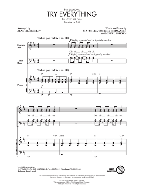 Try Everything (from Zootopia) (arr. Alan Billingsley) - Shakira (Choral, SATB)