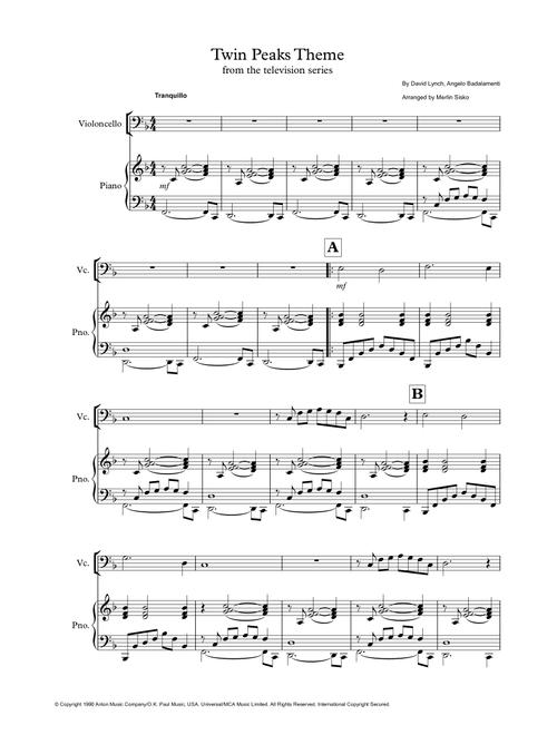 Twin Peaks Theme (Arr. Merlin Sisko) - David Lynch, Angelo Badalamenti (Cello and Piano)