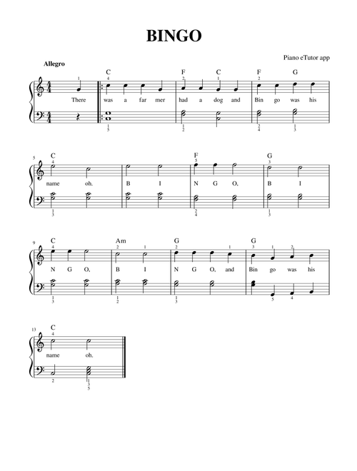 BINGO - piano sheet music (Arr. Piano eTutor app) - Traditional (Piano Solo)