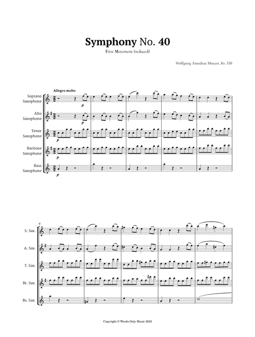 Symphony No. 40 by Mozart for Sax Ensemble Quintet (Arr. Ander) (Woodwind Ensemble)