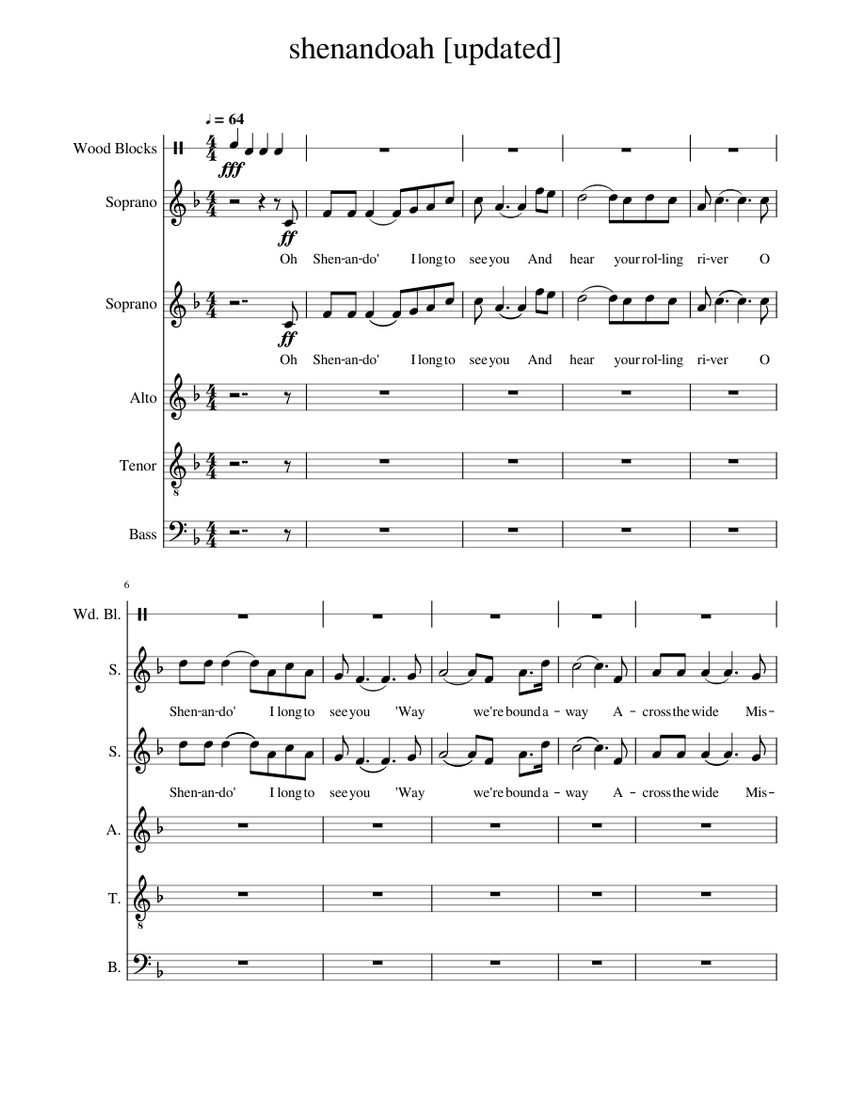 oh, shenandoah [f maj] Sheet Music for Soprano, Alto, Tenor, Bass voice ...