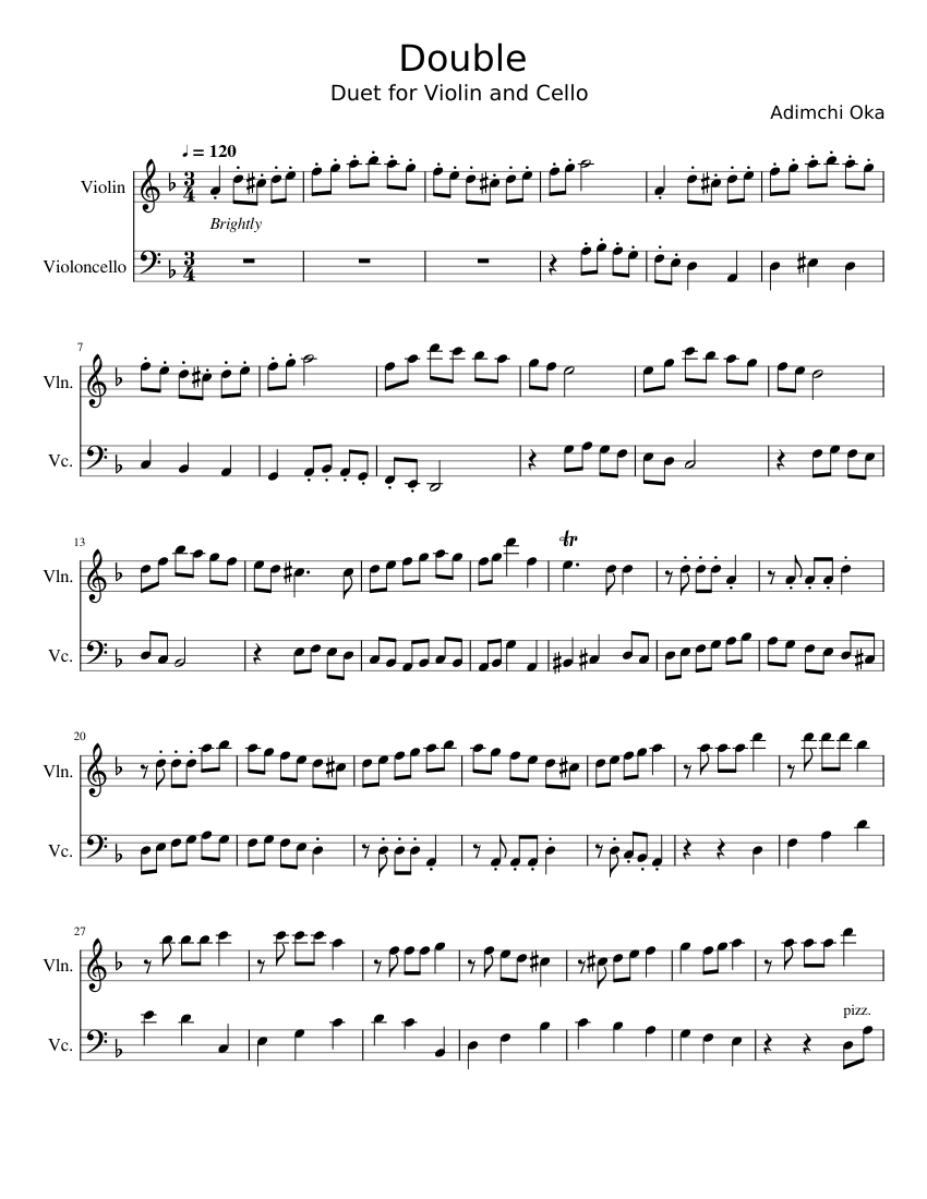 Double Violin Cello Duet in D Minor Sheet Music for Violin, Cello ...