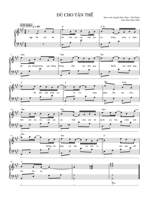 SHEET PIANO: DÙ CHO TẬN THẾ || Nguyễn Phúc Thiện - Trấn Thành