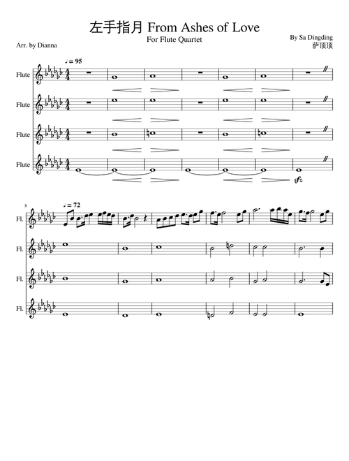 左手指月 (Upwards to the Moon) from Ashes of Love for Flute Quartet