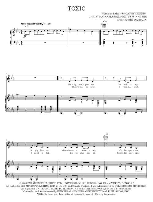 Toxic - Britney Spears (Piano-Vocal-Guitar)