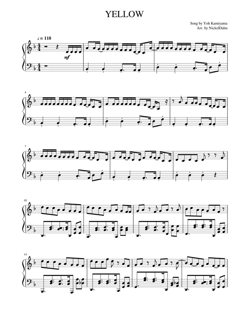YELLOW piano arrangement Sheet Music for Piano (Solo) | MuseScore.com