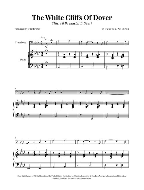 (There'll Be Bluebirds Over) The White Cliffs Of Dover (Arr. Glauco Fernandes) - Various (Trombone and Piano)