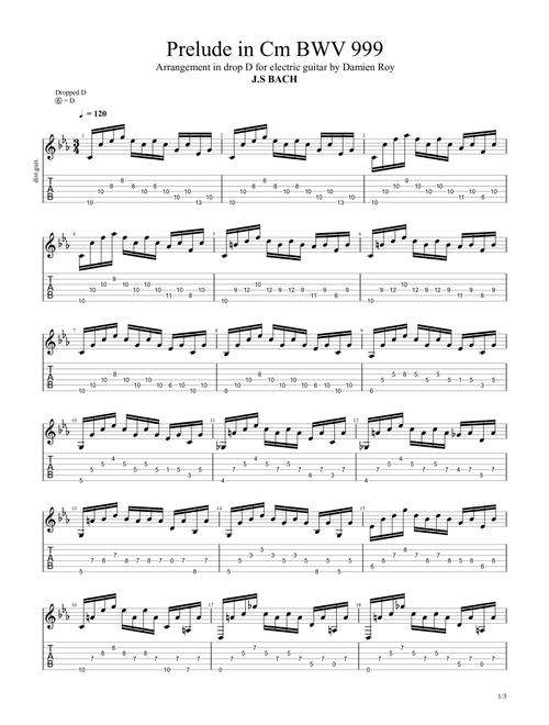 Prelude in Cm BWV 999 (Arr. Damien Roy) - J.S Bach (Guitar Tab)