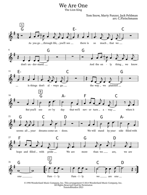 We Are One (Arr. Christoph Fleischmann) - Tom Snow, Jack Feldman, Marty Panzer (Lead Sheet - Fake Book)