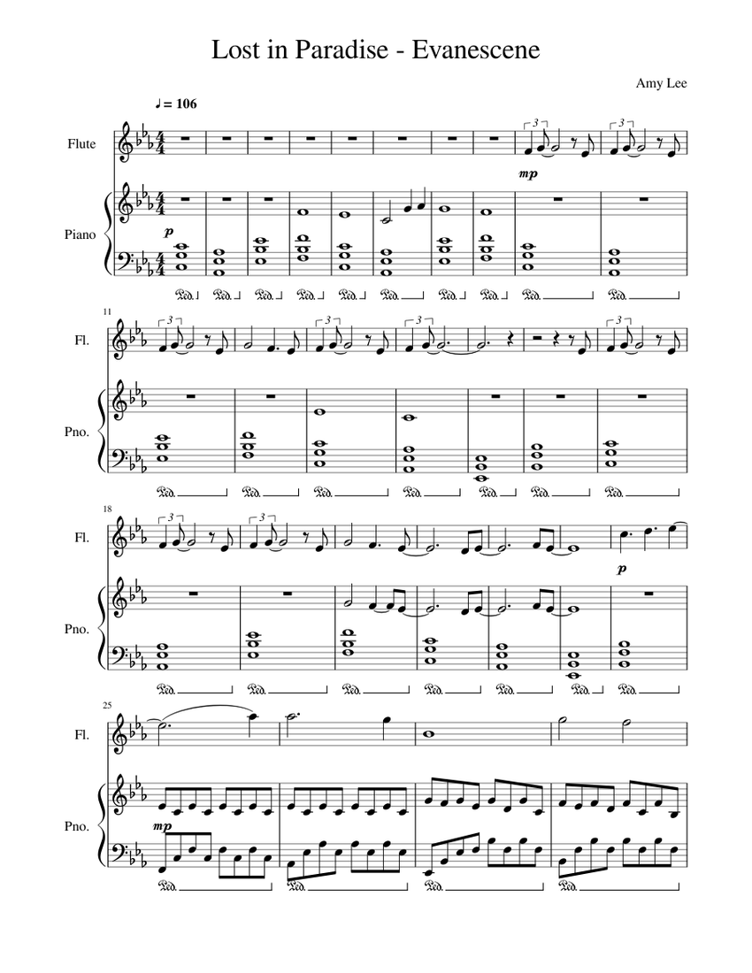 Lost in Paradise - Evanescene Sheet Music for Piano, Flute (Solo