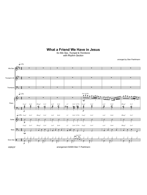 WHAT A FRIEND WE HAVE IN JESUS - ALTO SAX, TRUMPET & TROMBONE with Rhythm (Swing) (Arr. Glen Poehlmann) - Charles Converse (Large Ensemble)