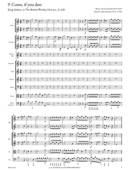 Purcell - Z. 628,9 - King Arthur - Come, if you dare - T satb OB1,2 TRM 1,2 VLA BC