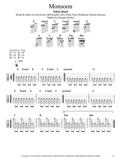 Monsoon (Arr. Douglas Becker) - Tokio Hotel (Guitar Tab)