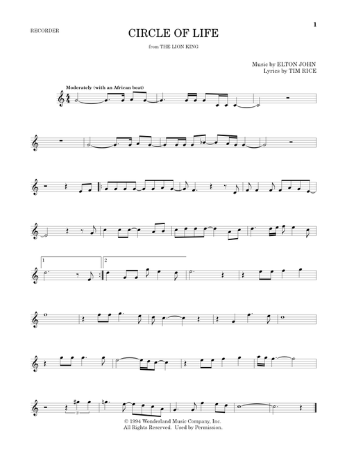 Circle Of Life (from The Lion King) - Elton John, Tim Rice (Recorder Solo)