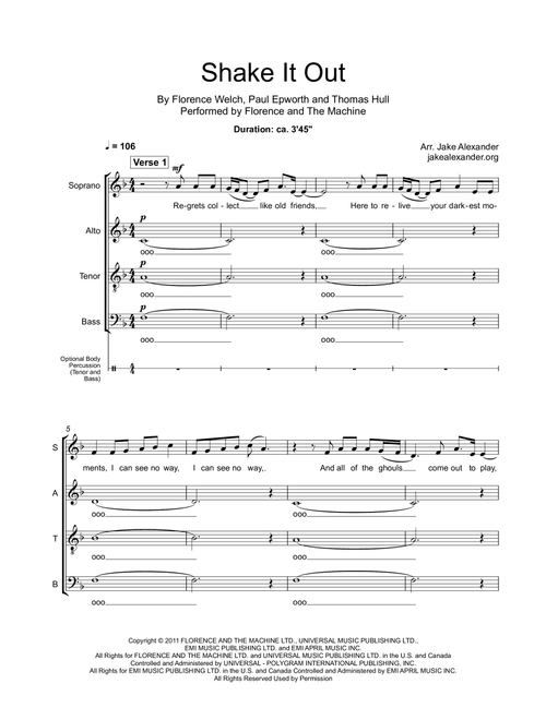 Shake It Out (Arr. Jake Alexander) - Florence + The Machine (Choral, SATB)