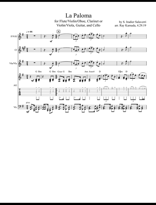 La Paloma for Flute or Violin or Oboe; Clarinet or Violin or Viola; Guitar; and Cello (Arr. Ray Kamada) - Sebastian Iradier Salaverri (Large Ensemble)