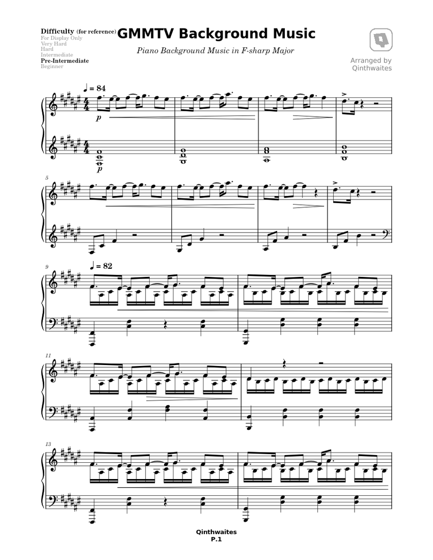 Piano Background Music in Fsharp Major GMMTV Sheet music for Piano