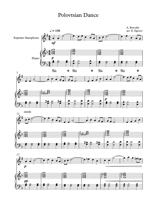 Polovtsian Dance, Alexander Borodin, For Soprano Saxophone & Piano (Arr. Eugene Egorov) (Soprano Sax and Piano)
