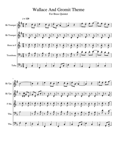 Wallace And Gromit Main Theme For Brass Quintet